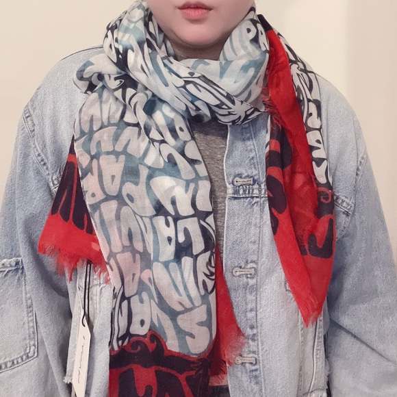 NWT Lanvin 100% Wool Logo Print Scarf Palm Trees Tropical Blue Red - Picture 9 of 12